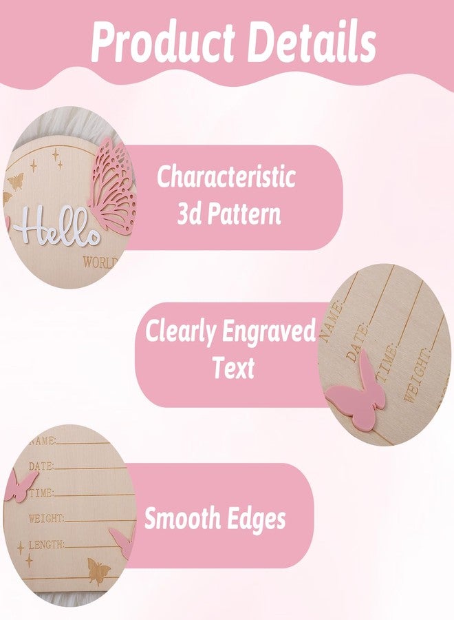 Ajcotahm Hello World Newborn Sign, 5.83 × 6.97 Inch Pink Butterfly Baby Announcement Sign Wooden Birth Welcome Board for Newborn Boys Girls Photo Props Baby Shower Hospital Nursery - Image 3